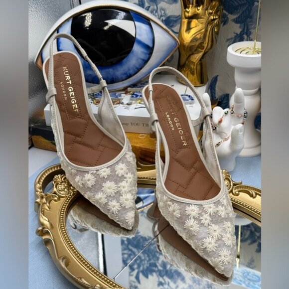 🆕 KURT GEIGER LONDON 🧿 NWOB Belgravia Floral Mesh Sling Back Heel, Cream Sz 7 - Picture 4 of 15